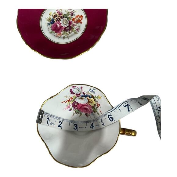 Vintage Hammersley & Co Footed TeaCup &Saucer Gold Trim Maroon Bone China Floral - Picture 9 of 9
